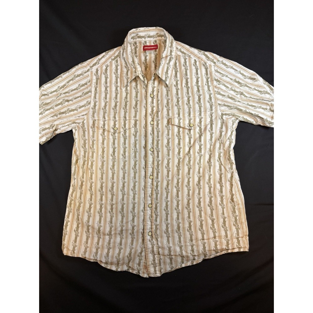Vintage Union Bay White & Orange Vertical Patterned Men's SS Pearl Snap Shirt, M
